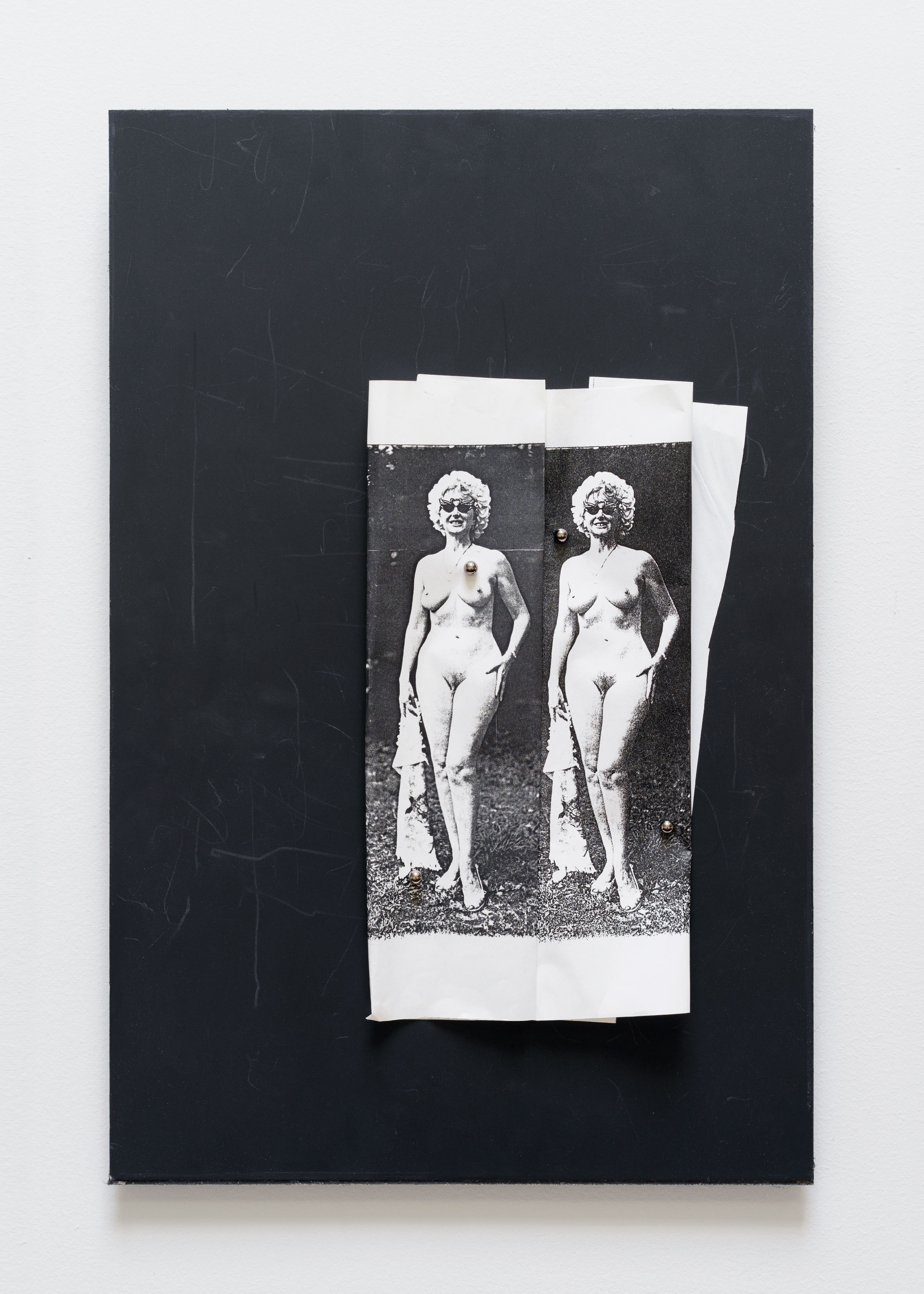 Gideon Barnett, 2015, 2 found photocopies, chalkboard, magnets, 18 x 12 in (50 x 76 cm)